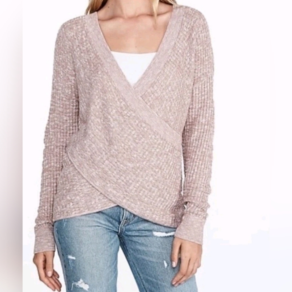 Express Wrap Front Tunic Sweater Mauve Pink Ribbed V-Neck